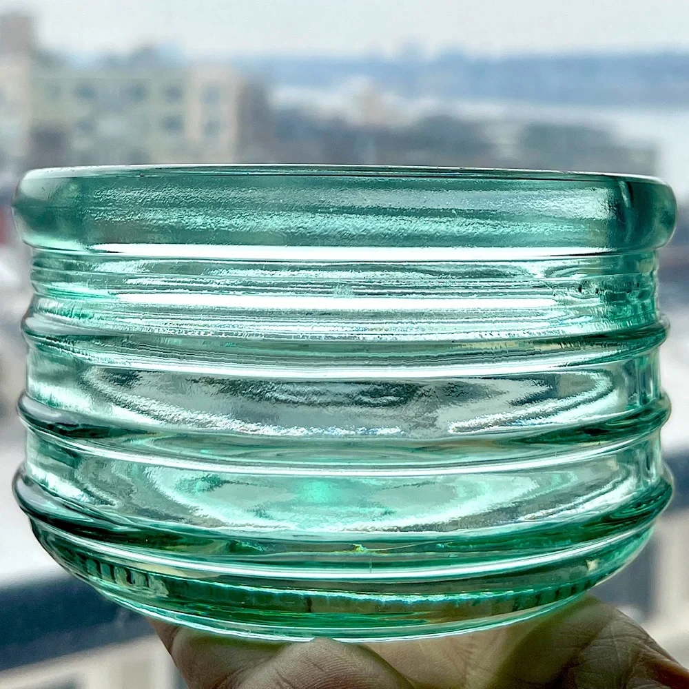 Vintage Sea Green Glass Bowl Ribbed Aqua Teal Industrial Insulator Candle Holder